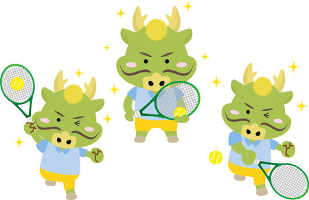 Illustration set of a dragon playing tennis happilyのイラスト素材