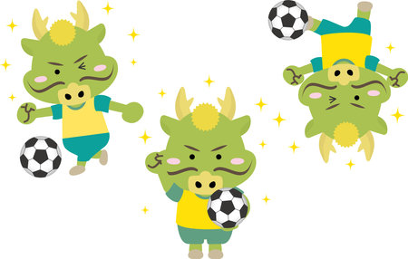 Illustration set of cute dragons in the Year of the Dragon playing soccerのイラスト素材
