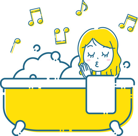 Illustration of a woman singing while entering a lovely bubbling bathtubのイラスト素材