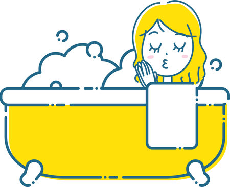 Illustration of a woman getting into a lovely bubbly bathtubのイラスト素材