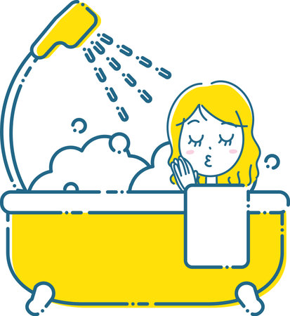 Illustration of a woman getting into a lovely bubbly bathtubのイラスト素材