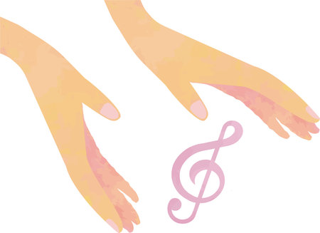 Pink treble clef floating between outstretched handsのイラスト素材