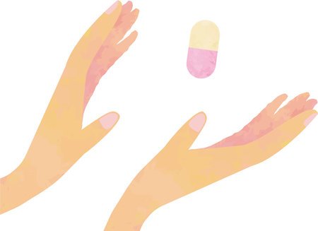 Pink medicine, pill capsules floating in the outstretched handsのイラスト素材