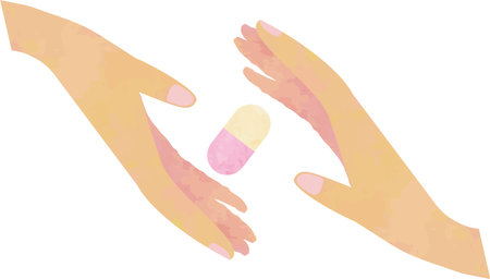 Pink medicine, pill capsules floating in the outstretched handsのイラスト素材