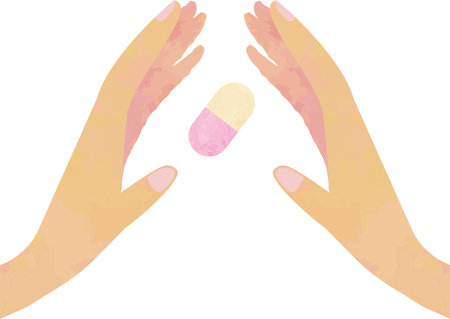 Pink medicine, pill capsules floating in the outstretched handsのイラスト素材