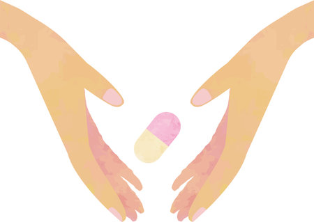 Pink medicine, pill capsules floating in the outstretched handsのイラスト素材