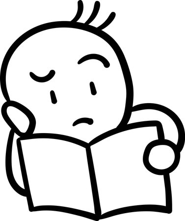 A child reading a book with a difficult look on his faceのイラスト素材