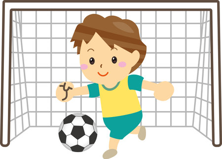 Children playing soccer in front of the goalのイラスト素材
