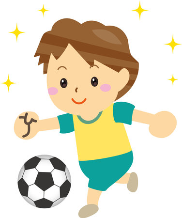 Smiling child happily dribbling soccerのイラスト素材