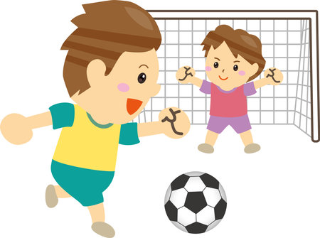 A child aiming for a goal in soccer and a goalkeeperのイラスト素材