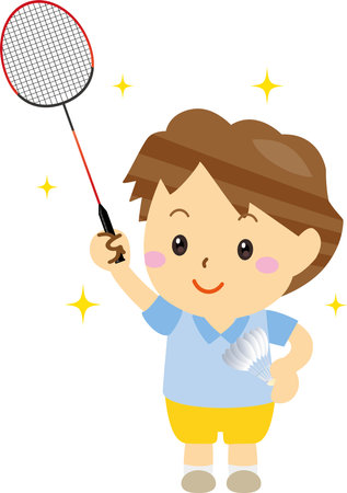 A cheerful boy with a smile playing badmintonのイラスト素材