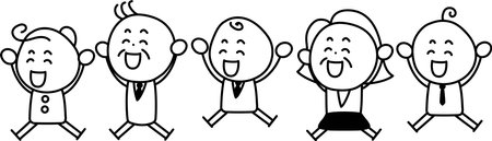 Deformed people of all ages and genders jumping up with smilesのイラスト素材