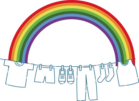 Illustration of a big rainbow hanging over the laundryのイラスト素材