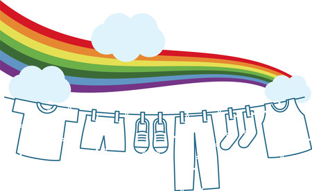 Illustration of a big rainbow hanging over the laundryのイラスト素材