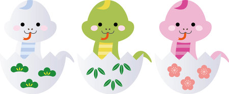 Three cute colorful snakes peeking out from their eggs and smilingのイラスト素材