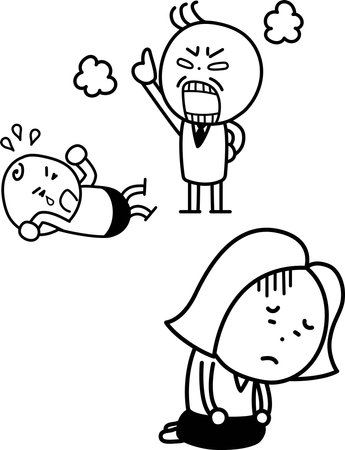 A woman who can't do anything in front of her crying child who has been scolded by a man.のイラスト素材