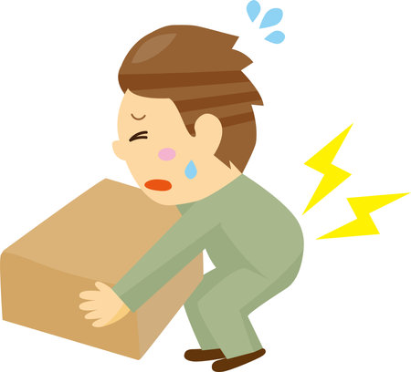 Illustration of a man hurting his back trying to lift a large bagのイラスト素材