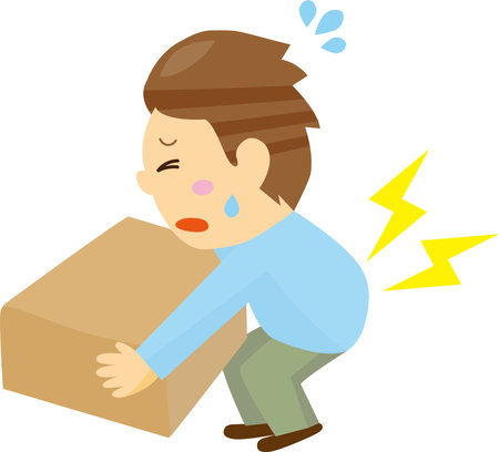 Illustration of a man hurting his back trying to lift a large bagのイラスト素材