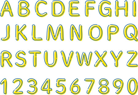 Set of yellow alphabet and numbers with blue dashed linesのイラスト素材
