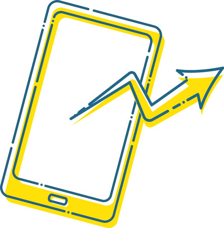Illustration of an image of sending and receiving data with a yellow smartphone with a blue dashed lineのイラスト素材