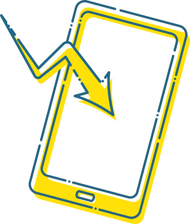 Illustration of an image of sending and receiving data with a yellow smartphone with a blue dashed lineのイラスト素材