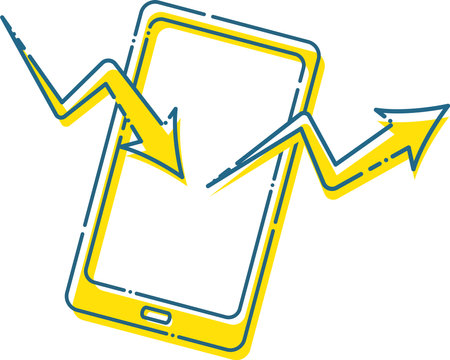 Illustration of an image of sending and receiving data with a yellow smartphone with a blue dashed lineのイラスト素材