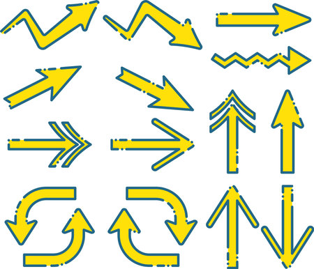 Set of various types of yellow arrows with blue dashed linesのイラスト素材