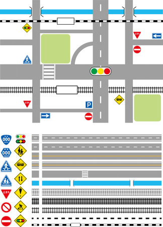 A set of tracks, roads, and signs that can be used to learn traffic rules, create maps, etc.のイラスト素材