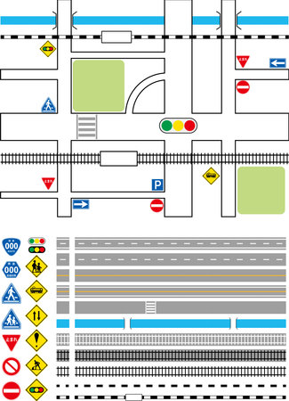 A set of tracks, roads, and signs that can be used to learn traffic rules, create maps, etc.のイラスト素材