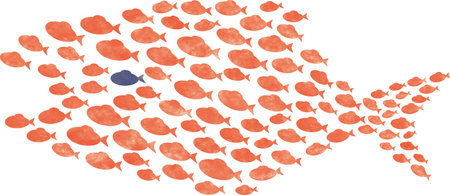 Illustration of a school of small fish forming a large fishのイラスト素材