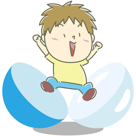 Cheerful Boy Bursting Out from Blue and Light Blue Toy Capsule in Dynamic Cartoon Illustrationのイラスト素材