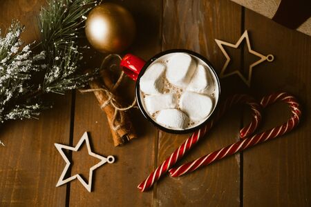 Cup of hot cocoa with marshmallows on the wooden table, top viewの写真素材