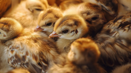 Newborn pheasant chicks huddle together for warmth, their soft down feathers creating a cozy scene of new life on a farmの素材