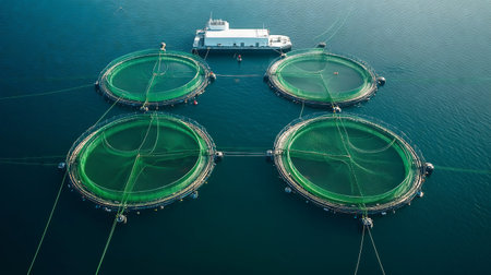 Aerial view of a salmon fish farm in the Norwegian fjords, showing circular cages for aquaculture and a service vessel attending to the facilityの素材