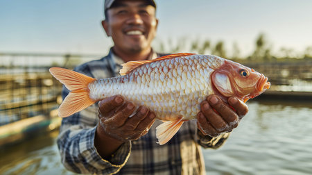 Smiling fish farmer proudly displays a big. Freshly caught fish in a serene fish farm setting during sunset. Highlighting the worker's happiness and the healthyの素材