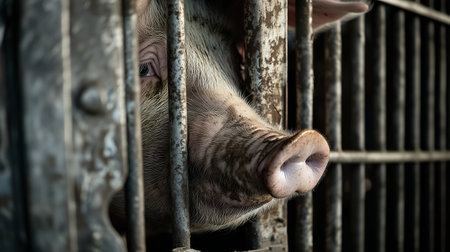 Pig's snout pokes through metal bars, showing the harsh reality of intensive farming. Animal welfare issues highlighted, emphasizing the need for better treatment in agricultureの素材