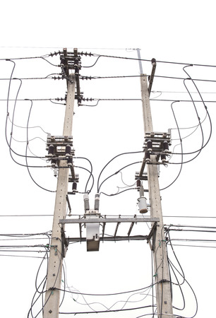 Electric poles with wiring and clutter in the white background の写真素材