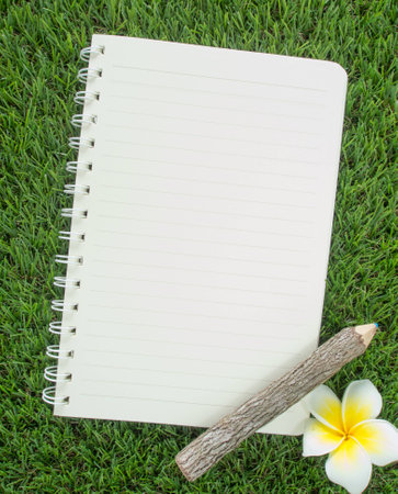 Notebook lay on the lawnの写真素材