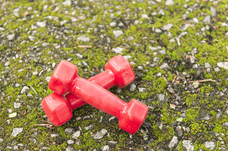 Dumbbells on the street is filled with moss.の写真素材
