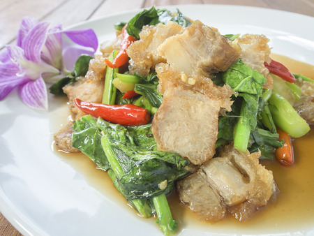 Crispy Pork with Kale , thai foodの写真素材