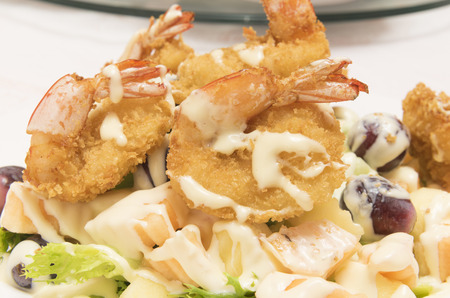 FRIED SHRIMP SALAD cream mixed vegetable and fruitの写真素材