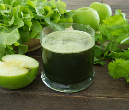green apple and vegetable smoothie  for health.の写真素材