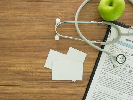 businesscard with  medicine equipment on desk'doctor. above view.の写真素材