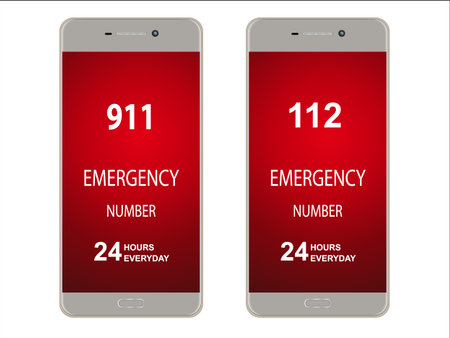 Smartphone, mobile phone with emergency number isolated on white , mock up illustration.