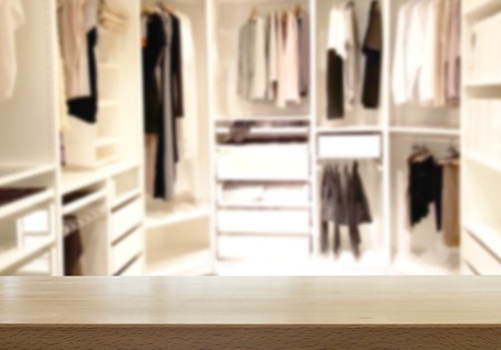 Wood table top in dressing room, interior of a modern house . - For product display and advertising and promotional purposes.の写真素材