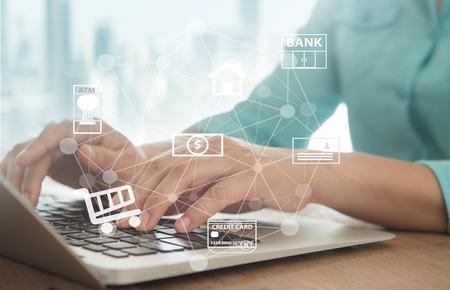 internet banking network. business people using laptop computer with icon application online payment. 
の写真素材