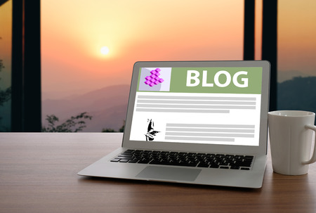 Blog concept, Laptops social media blogs on the desk.の写真素材