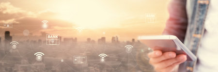 mobile banking network. business people using mobile phone with icon application online payment.