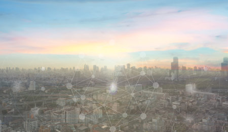 Networking connect technology abstract concept. Polygonal with connecting dots with blur city...
