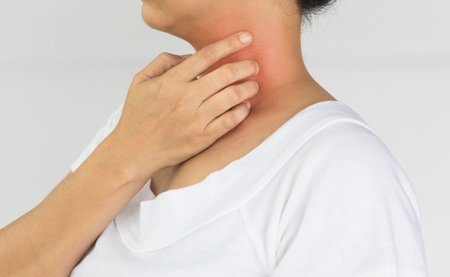 Itching of skin diseases in women using the hand-scratching. Red around the Itching area. Concept...